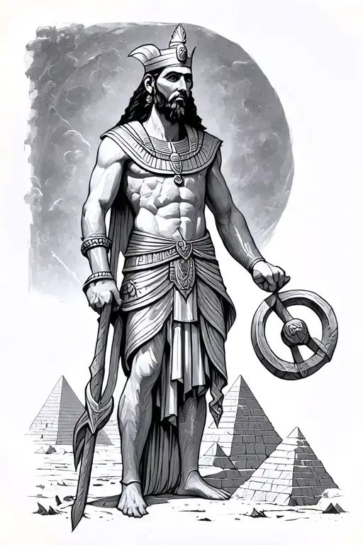 Osiris Holding Flail And Crook In The Underworld By Pyramids