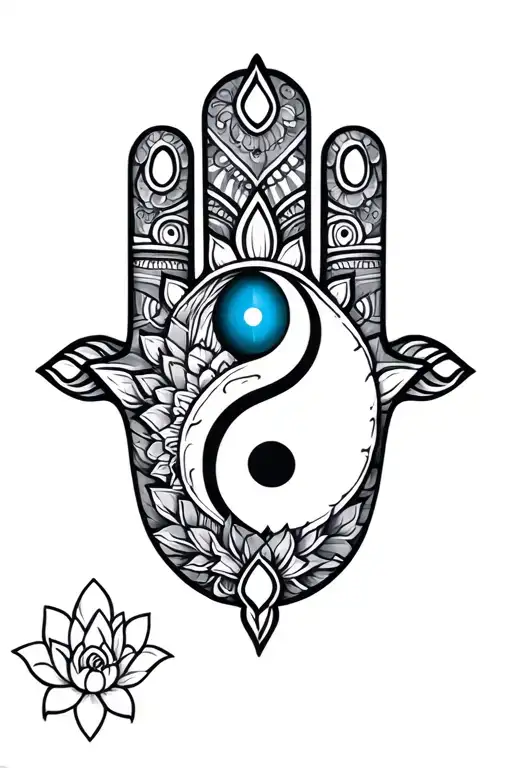Hamsa Hand With Evil Eye Lotus And Yin Yang Symbol