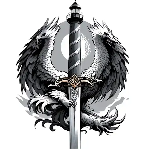 Phoenix And Sword With The Hilt As A Lighthouse