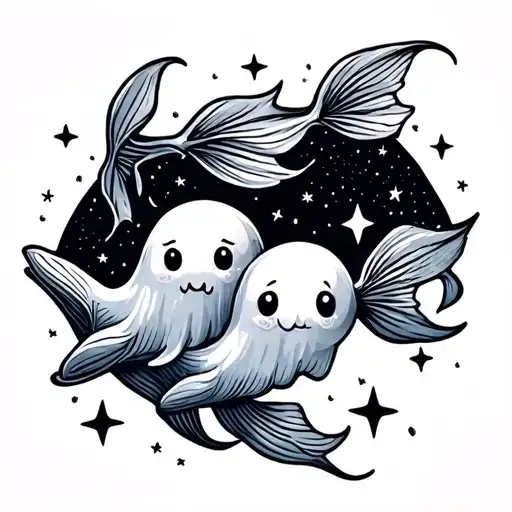2 Cute Pisces Ghosts Swimming In The Night Sky Filled With Stars