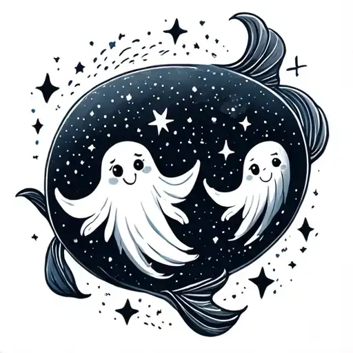 2 Cute Pisces Ghosts Swimming In The Night Sky Filled With Stars