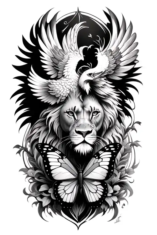 Flying Phoenix Bird With A Butterfly With Lioness Face