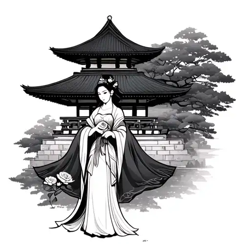 Japanese Temple With Princess Holding A Rose