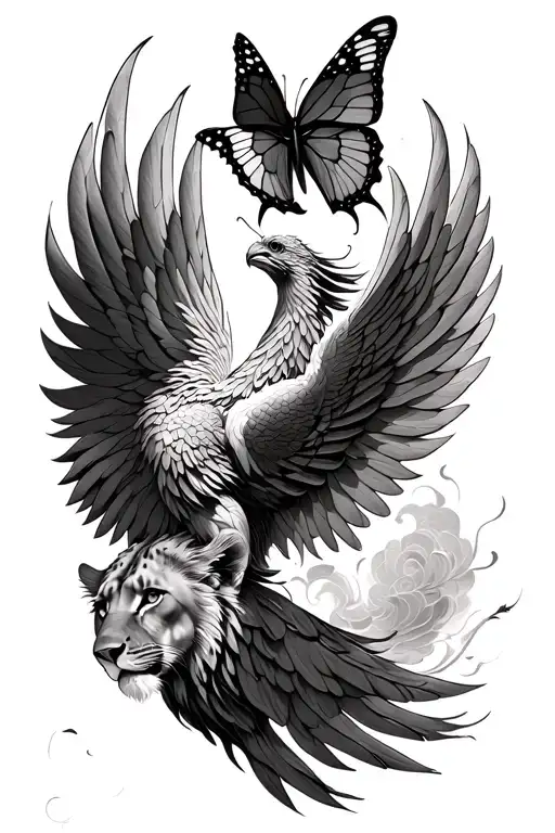Flying Phoenix Bird With A Butterfly With Lioness Face In Wings