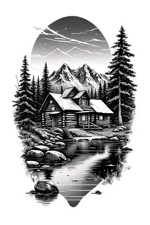 Mountain Landscape With Log Cabin And Pond