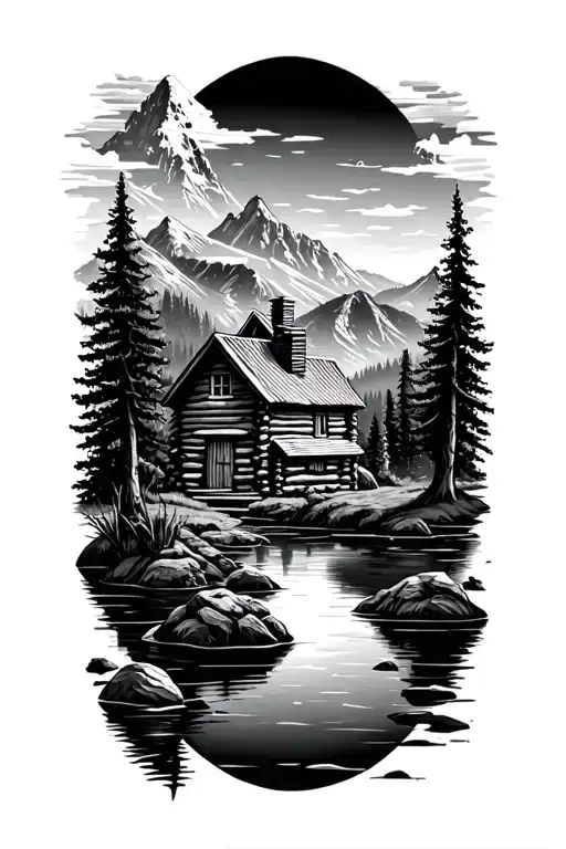Mountain Landscape With Log Cabin And Pond