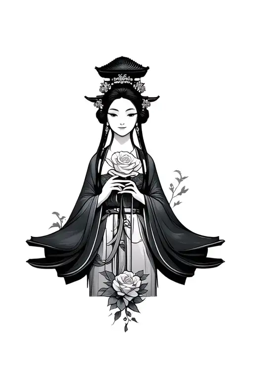 Japanese Temple With Princess Holding A Rose