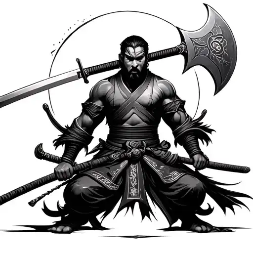 Bushido With A Katana Spear And Battle Axe