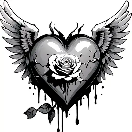 Broken Heart With A Bloody Rose Through The Middle With Wings