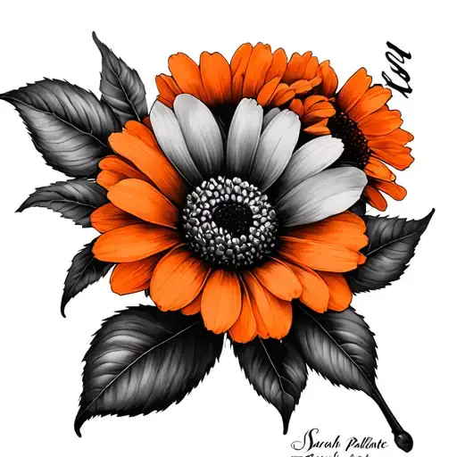 A Tattoo Of A Flower Stem With The Name Sarah Pallante In Cursive Fading Into Orange Flowers