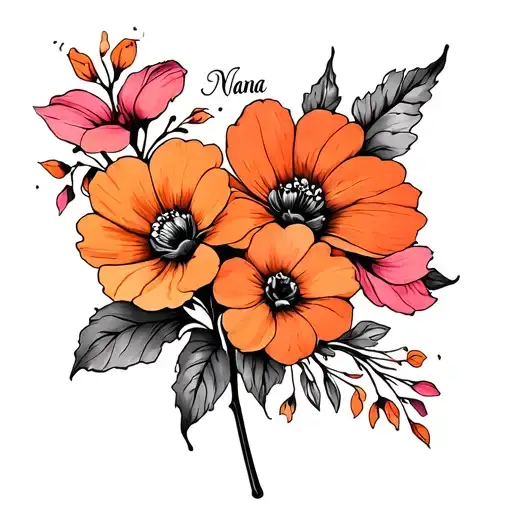 A Tattoo Of A Flower Stem With The Name Nana In Cursive Fading Into Orange And Pink Flowers