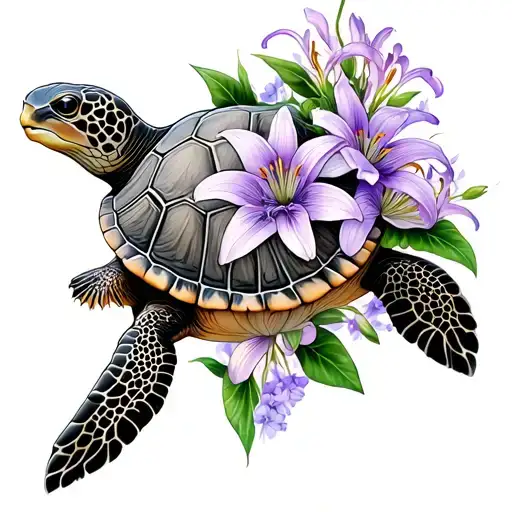 Sea Turtle With Lilac And Lily Flowers Blooming Tattoo To Be Placed Behind Left Shoulder