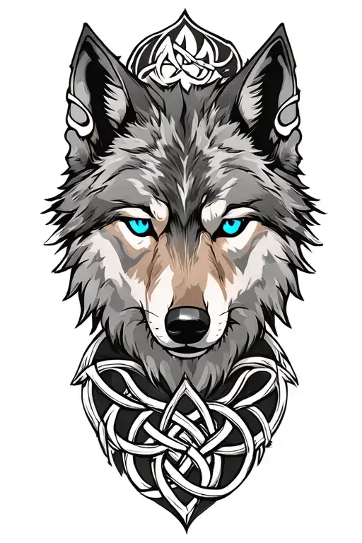 Wolf With Blue Eyes On Armor Tattoo Design Featuring Celtic Trinity Knot