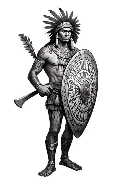 Realistic Aztec Warrior Holding Shield With Aztec Calendar Full Body