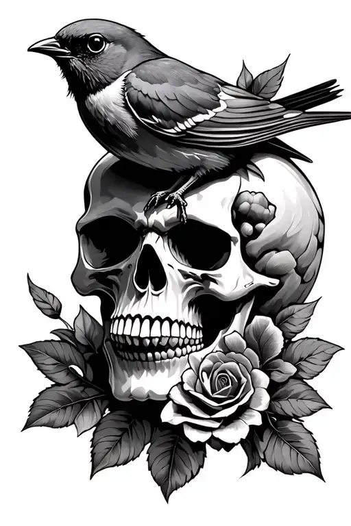 Skull With Robin Perched Atop