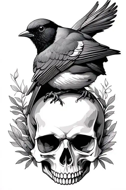 Skull With Robin Perched Atop