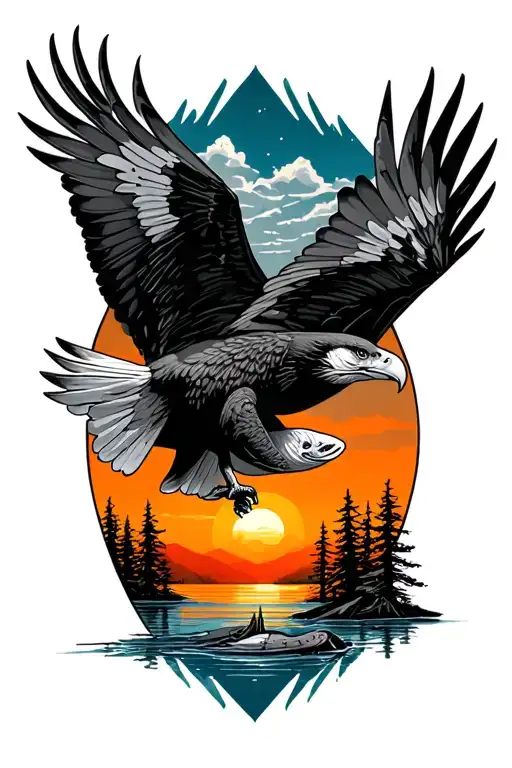 Eagle Catching Trout Trees Colors Sunset