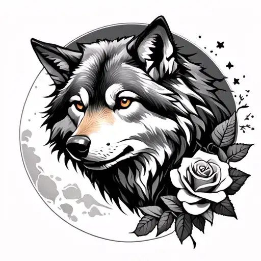 Wolf And Roses And Moon Made