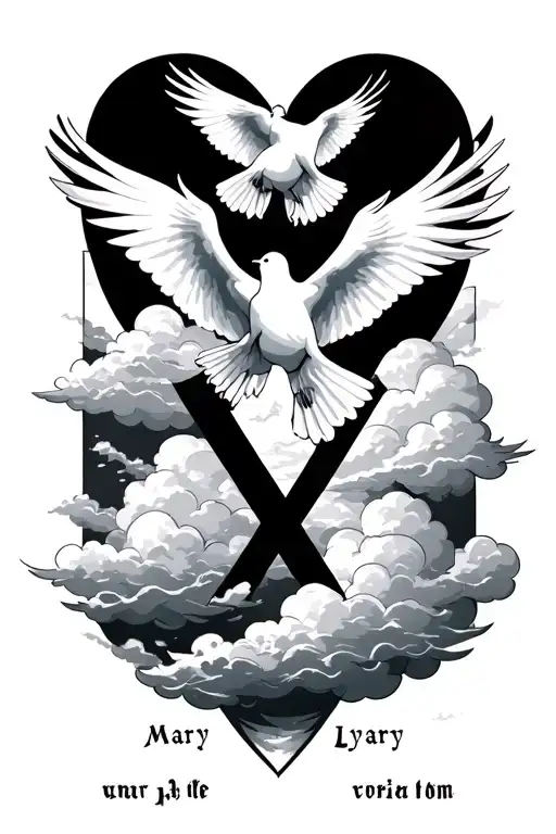 Mary Lyons Name With Clouds Around It And Doves Flying