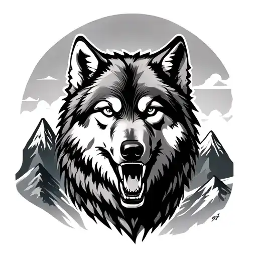 Growling Wolf And Mountains