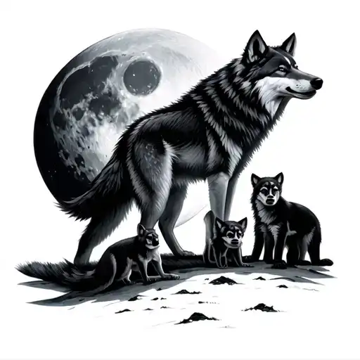 2 Wolfs And 4 Cubs Under The Moon