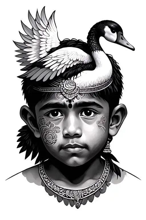 A Indian Boy With A Swan Above His Head With The Wing Cover Half Of The Boys Face