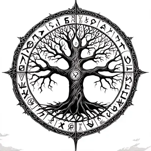 Vegvisir Surrounded With Runes Inside Tree Of Life With Many Bindrines Leading Under It