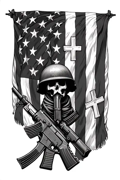American Flag For Arm Tattoowith 3 Crosses And An Army Helmet On A Rifle