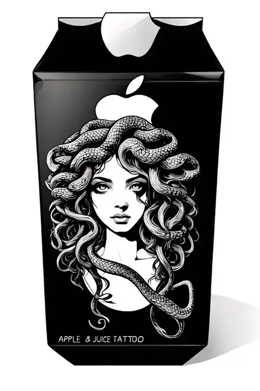 Apple Juice Carton With Medusa Snake Hair Tattoo Holding