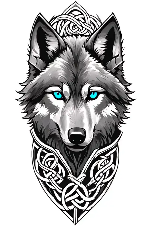 Wolf With Blue Eyes On Armor Tattoo Design Featuring Celtic Trinity Knot