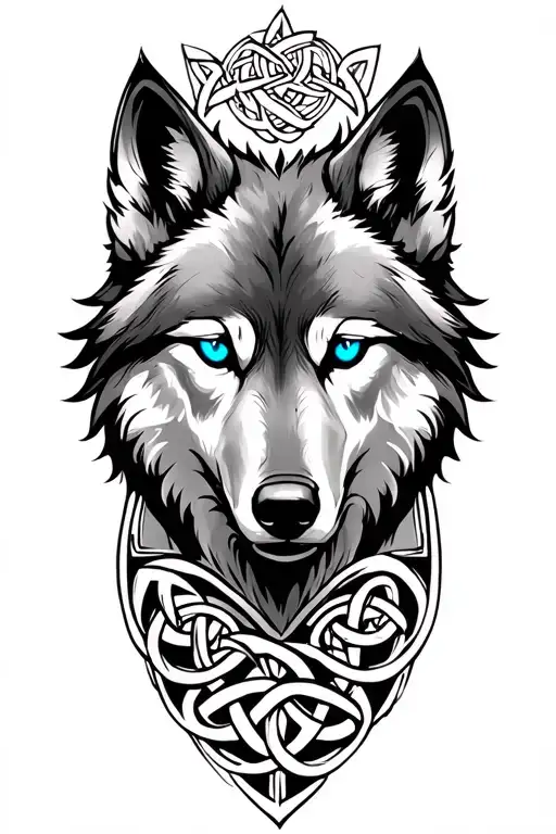 Wolf With Blue Eyes On Armor Tattoo Design Featuring Celtic Trinity Knot