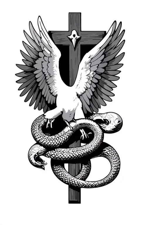 A Dove With Wings Outstretched From Behind And Snake Wrapped Down The Vertical Part Fo A Crucifix