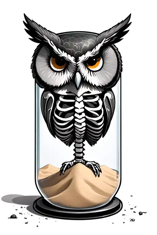 Owl With Skeleton In Hour Glass With Sand