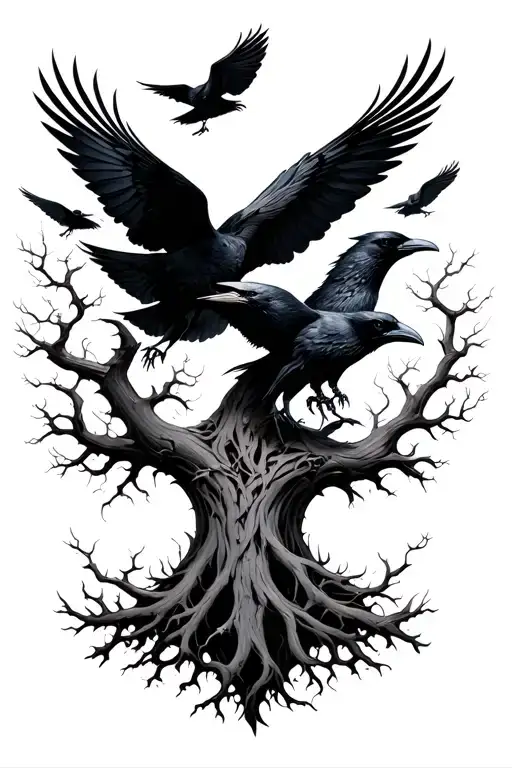 Yggdrasil With Ravens Flying Simple