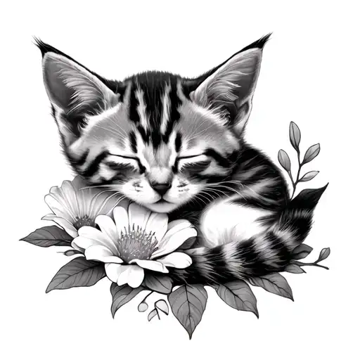 Kitten Curled Sleeping In Flowers Blending
