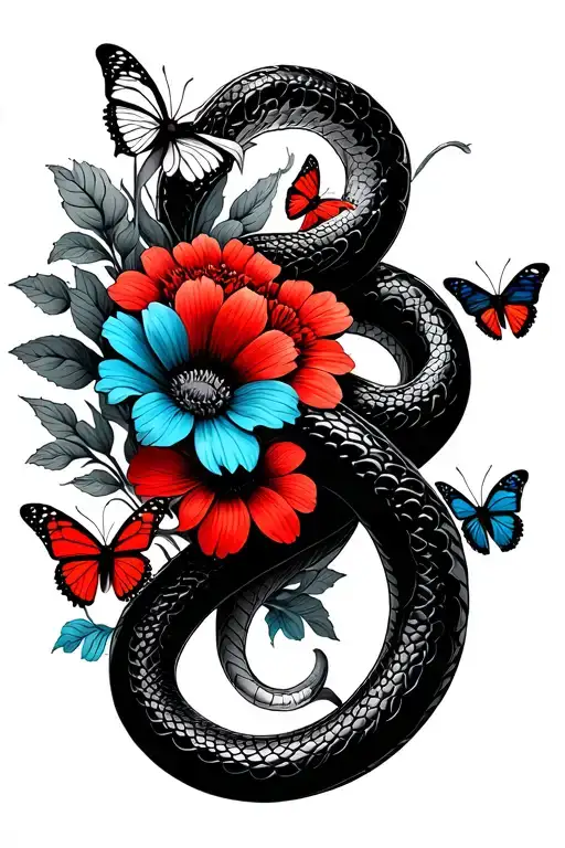 Snake With Intertwining Flowers Red And Blue And Butterflies