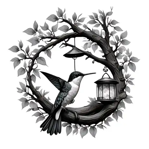 Hummingbird And Bird Feeder And Tree Intertwined