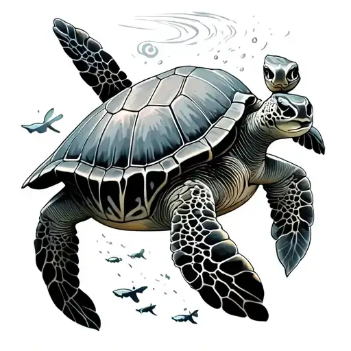 Shipwreck At The Bottom Of The Sea Turtle Swimming