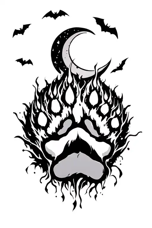 Wolf Paw Print With Crescent Moon And Bats Flying Across