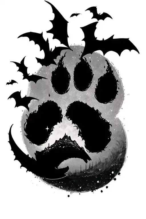 Paw Print With Crescent Moon And Bats Flying Across