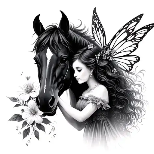 Fairy Holding Flowers With A Horse In The Back Ground