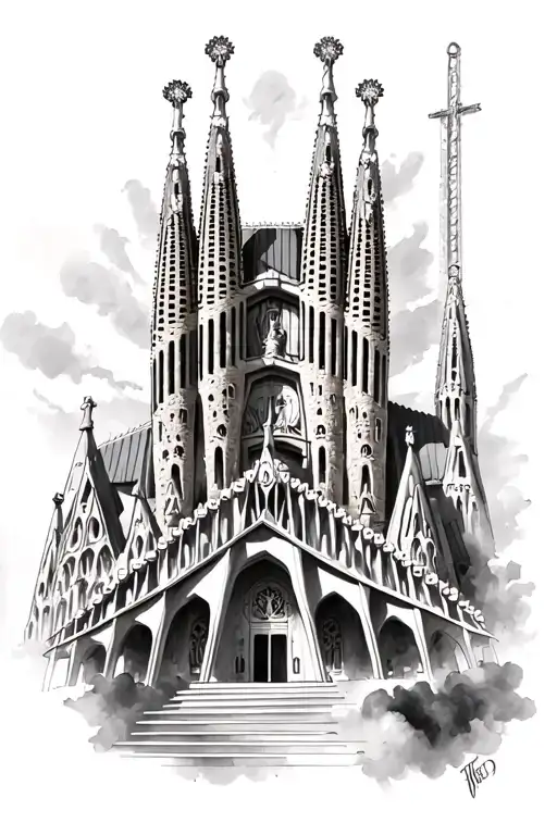 Realistic Tattoo That Represents The Sagrada Familia Of Barcelona And The Catania Cathedral