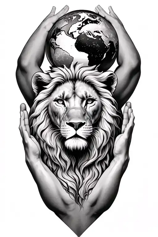 Lion Atlas With Human Body Holding Up The World