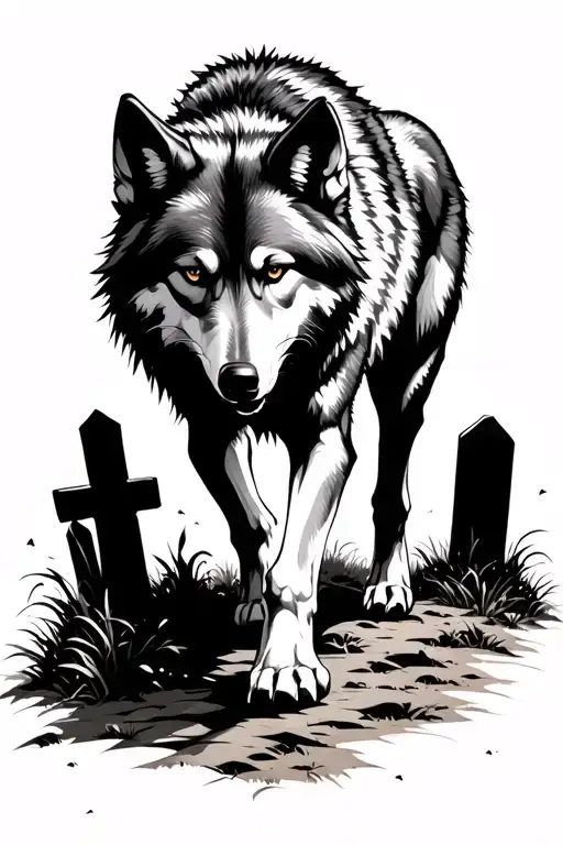 Wolf Walking Through A Graveyard Scene