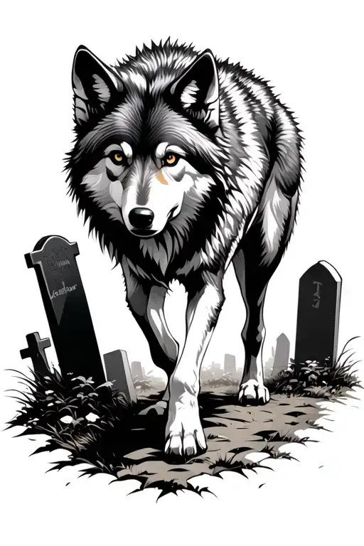 Wolf Walking Through A Graveyard Scene