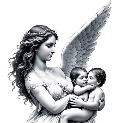 A Woman Angel Holding Two Babies In Her Wings