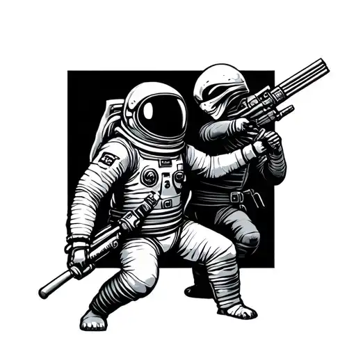 A Astronaut That Is A Samurai Facing A Alien That Is A Ninja