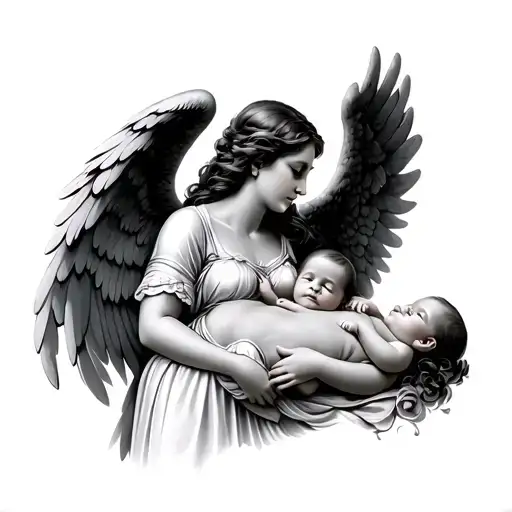 A Woman Angel Holding Two Babies Laying In Her 2 Wings
