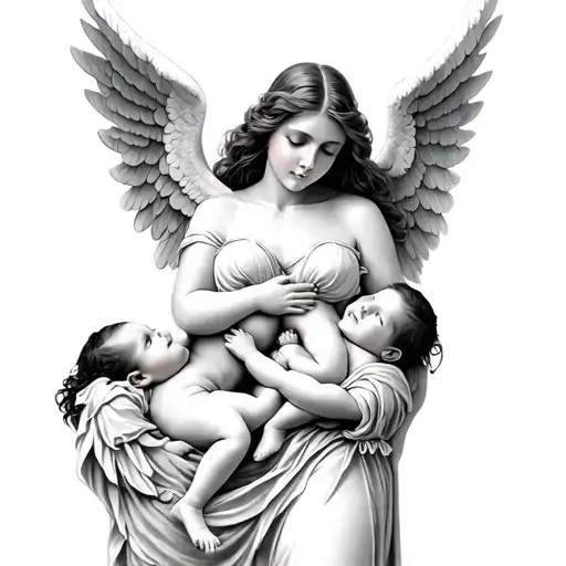 A Woman Guardian Angel With Two Babies Laying In The Angels Wings