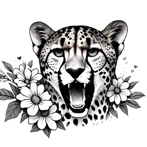 Cheetah Growling With Flowers